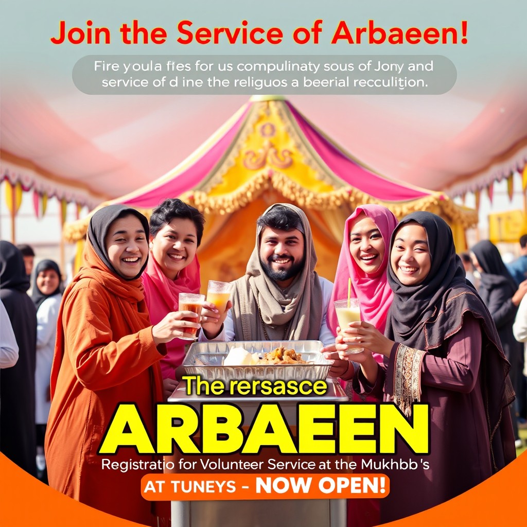 A vibrant and engaging poster design for a youth volunteer recruitment campaign for a religious gathering, emphasizing the spirit of service and devotion during Arbaeen