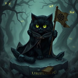 A small, fluffy black cat wearing a mystical, dark cloak, sitting on a stone altar surrounded by swirling shadows