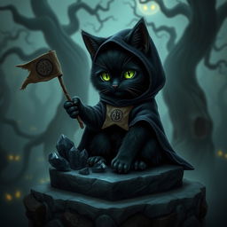 A small, fluffy black cat wearing a mystical, dark cloak, sitting on a stone altar surrounded by swirling shadows