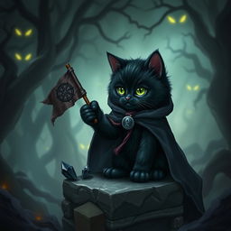 A small, fluffy black cat wearing a mystical, dark cloak, sitting on a stone altar surrounded by swirling shadows