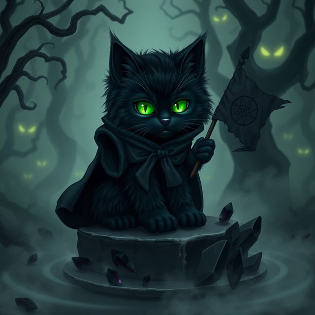 A small, fluffy black cat wearing a mystical, dark cloak, sitting on a stone altar surrounded by swirling shadows
