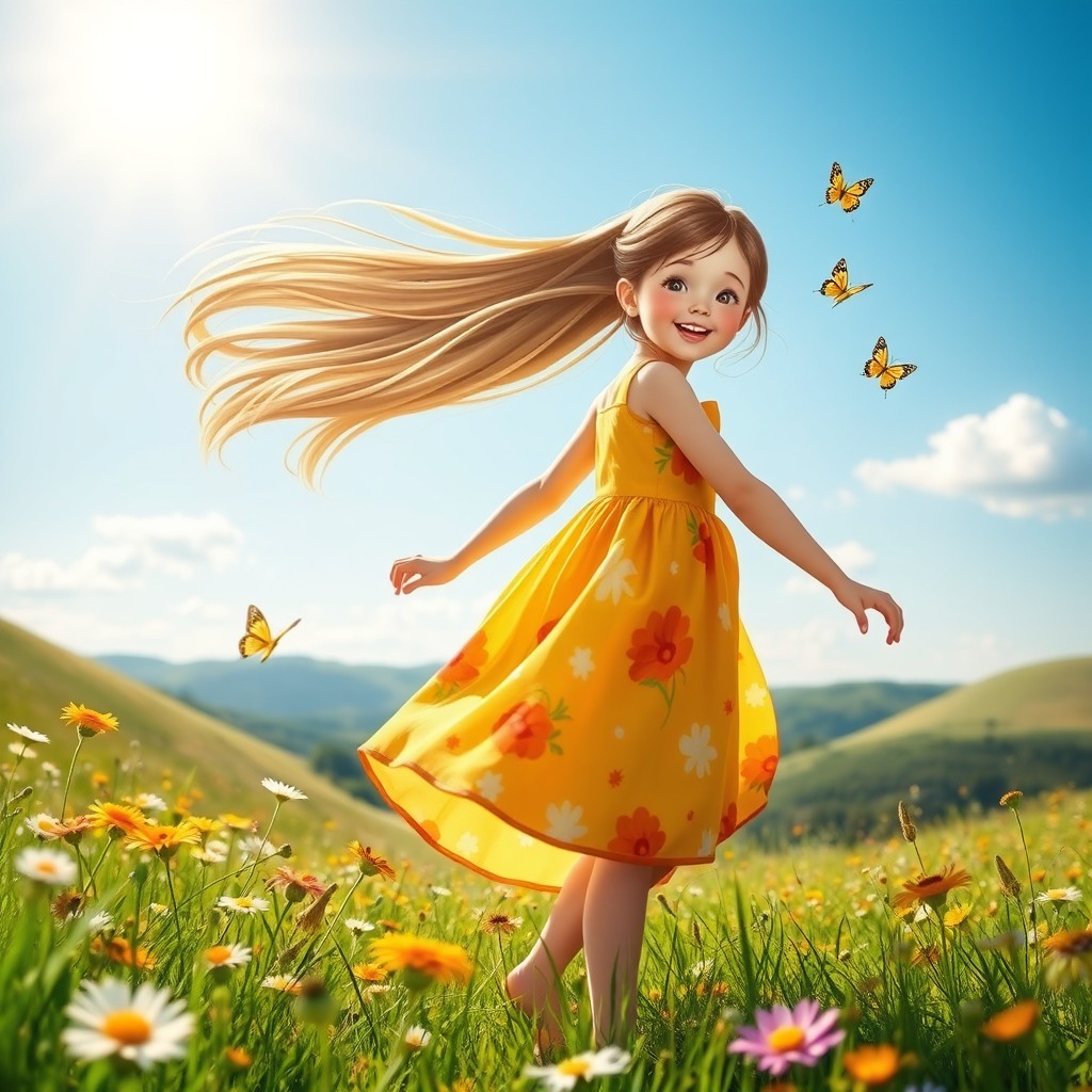 A beautiful girl with long flowing hair, wearing a vibrant summer dress, standing in a sunlit meadow filled with wildflowers