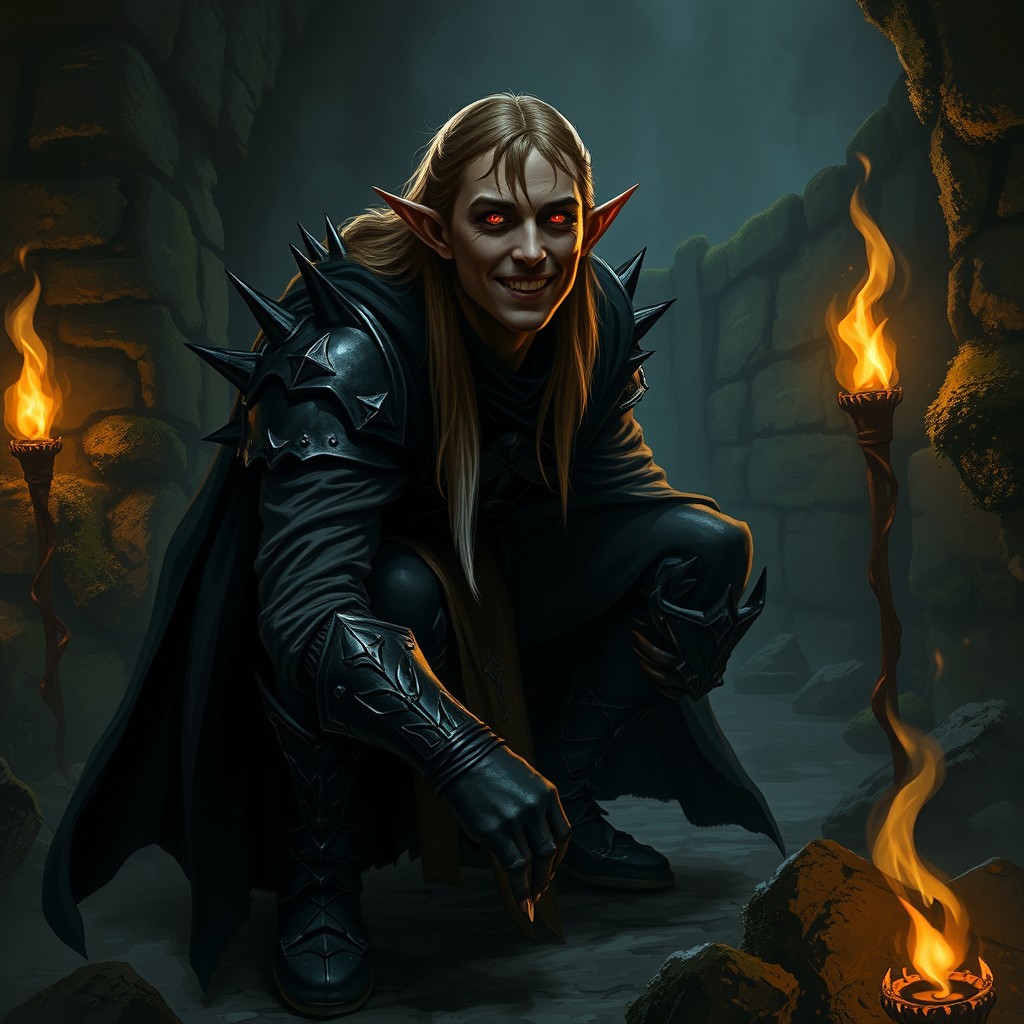 A dark-skinned male elf in a dark dungeon, crouching in the shadows with glowing red eyes