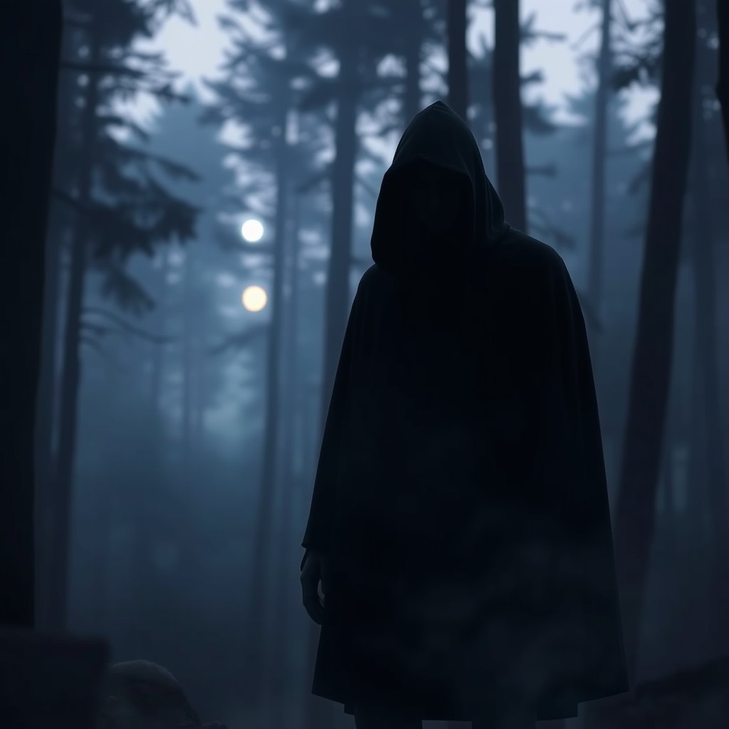 A mysterious figure dressed in a dark cloak, standing in a foggy forest at twilight