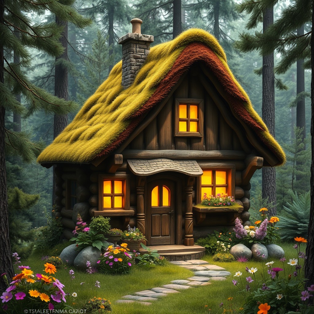 A cozy fairytale cottage nestled deeply in a lush green forest, featuring a charming moss-covered roof, rustic wooden walls, and a quaint stone chimney