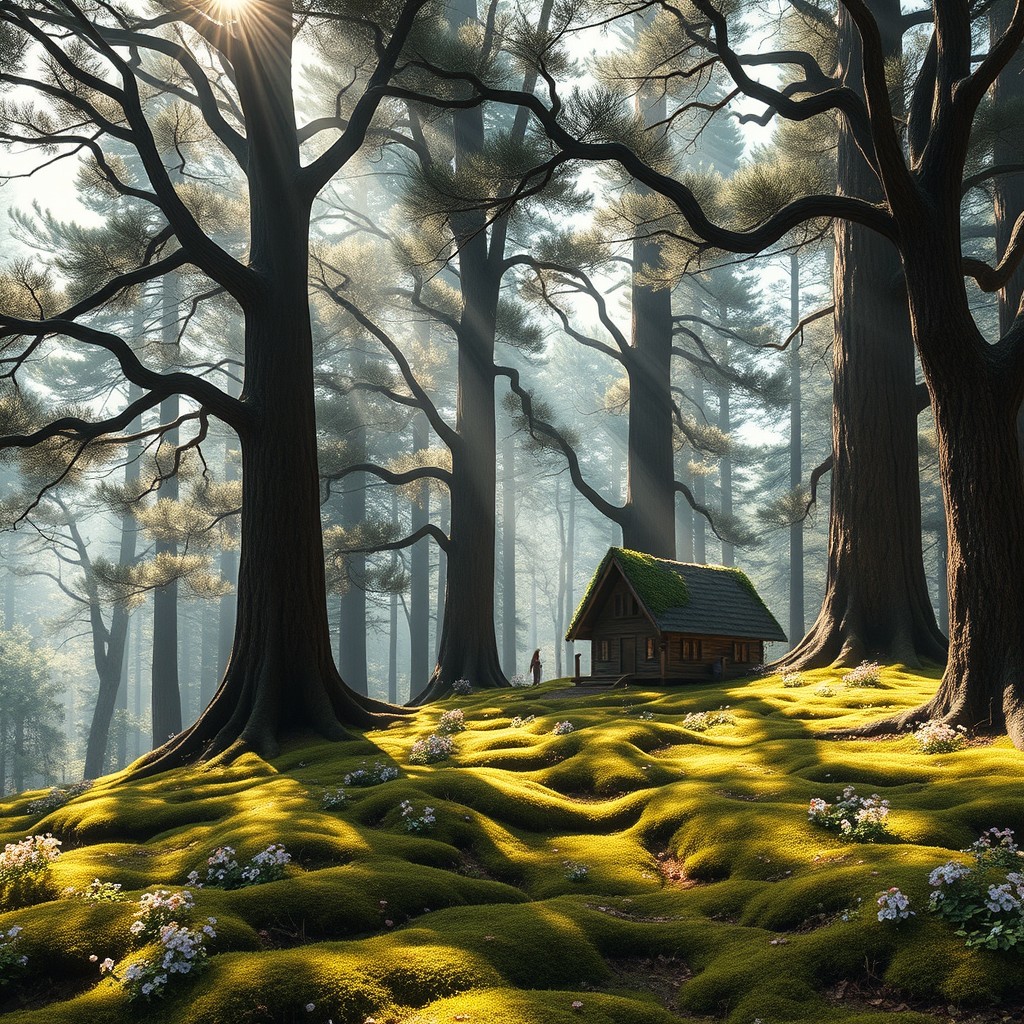 An enchanted forest filled with towering pine and oak trees, showcasing a soft, lush mossy ground that invites tranquility