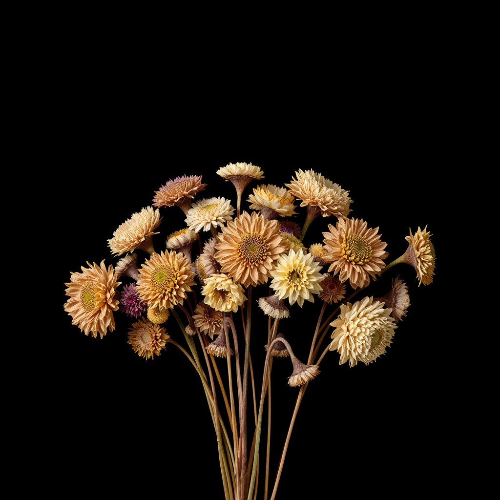 A striking arrangement of various dried flowers displayed against a solid black background