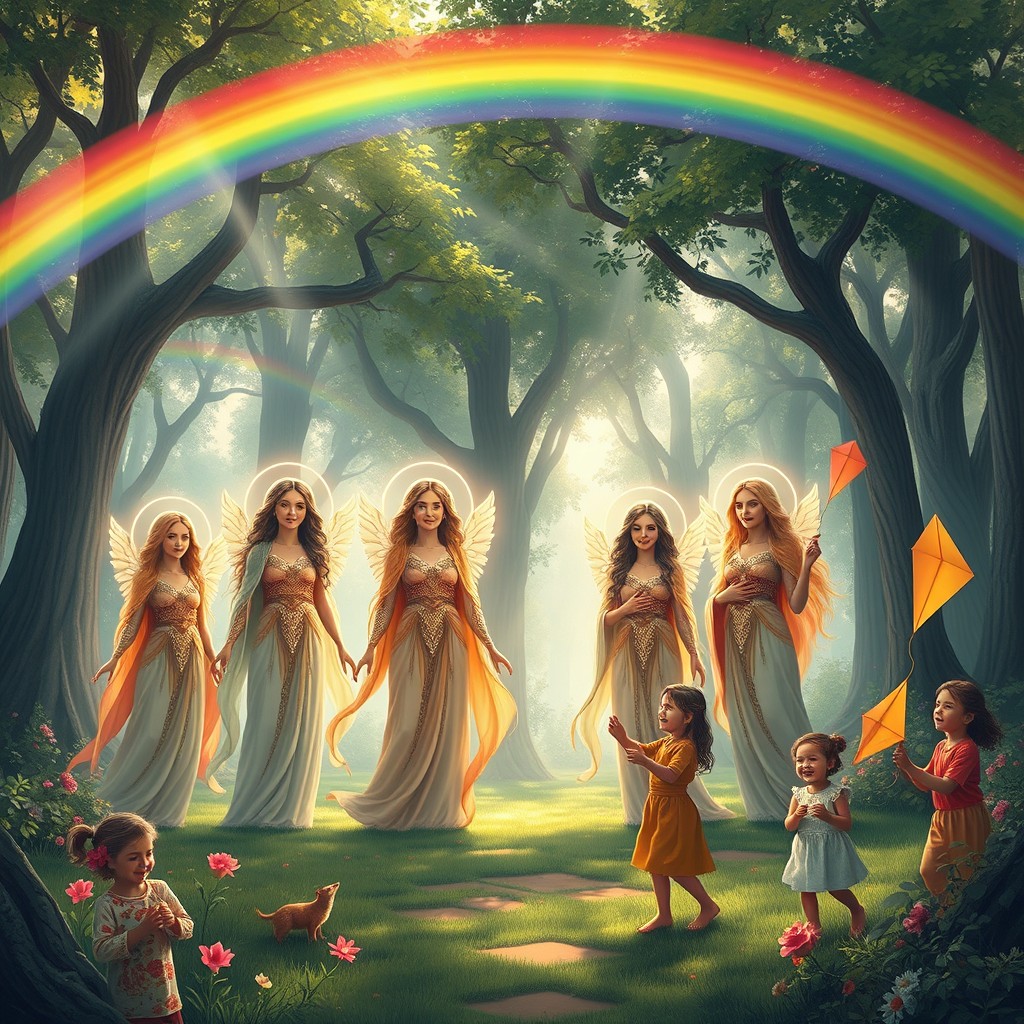 A serene and ethereal scene depicting a pantheon of goddesses protecting children in a lush, vibrant forest