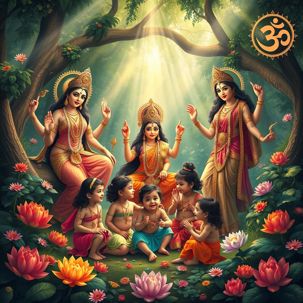 A captivating and colorful scene depicting Hindu goddesses, such as Durga, Lakshmi, and Saraswati, protecting children in a lush, sacred forest