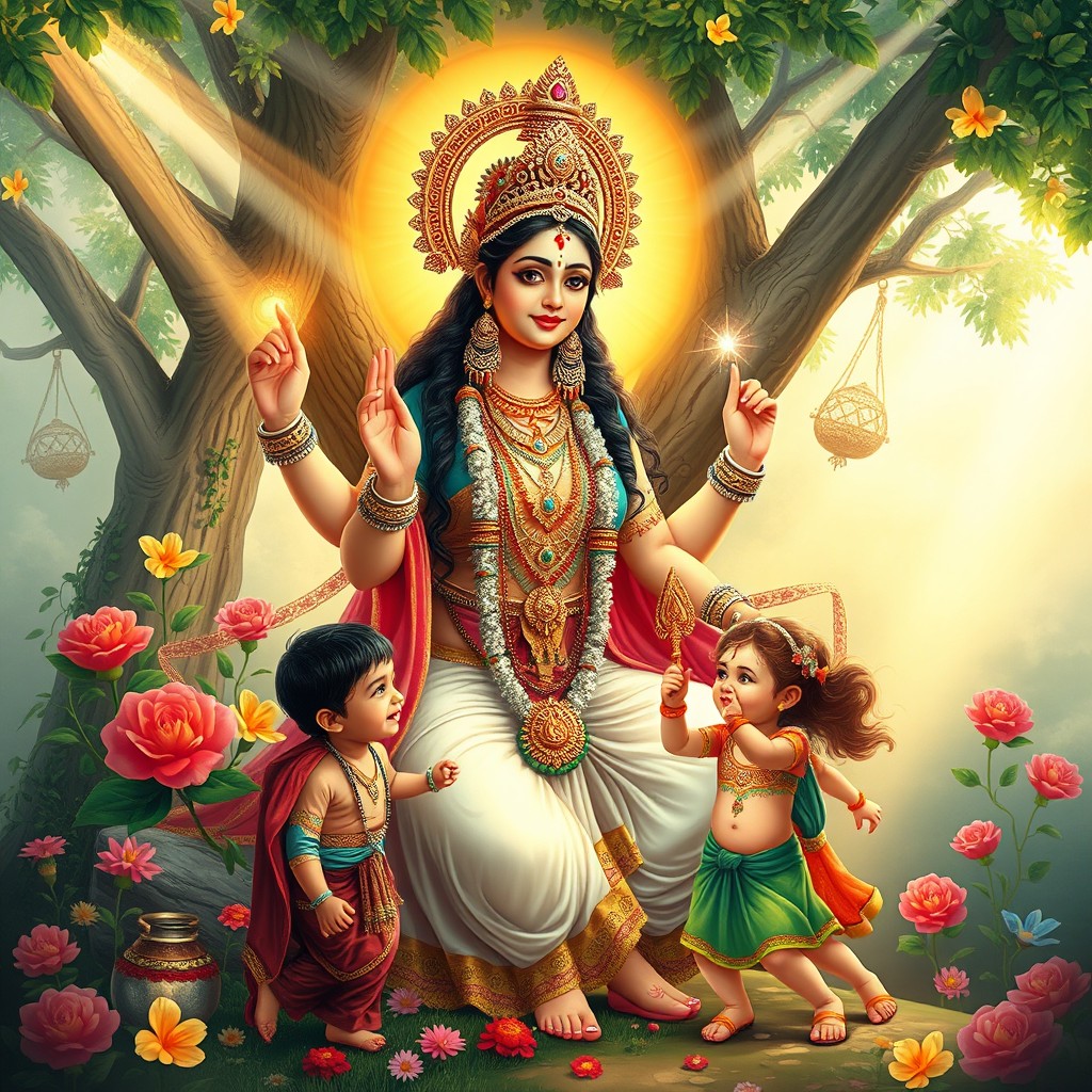 A beautiful and enchanting depiction of a Hindu goddess, such as Durga or Lakshmi, lovingly protecting a group of children in a sacred setting