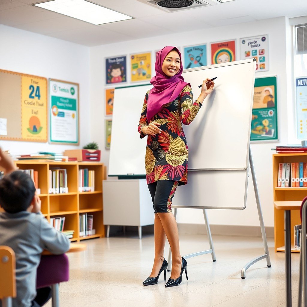 A stylish teacher wearing a hijab and elegant high heels, standing in a modern classroom