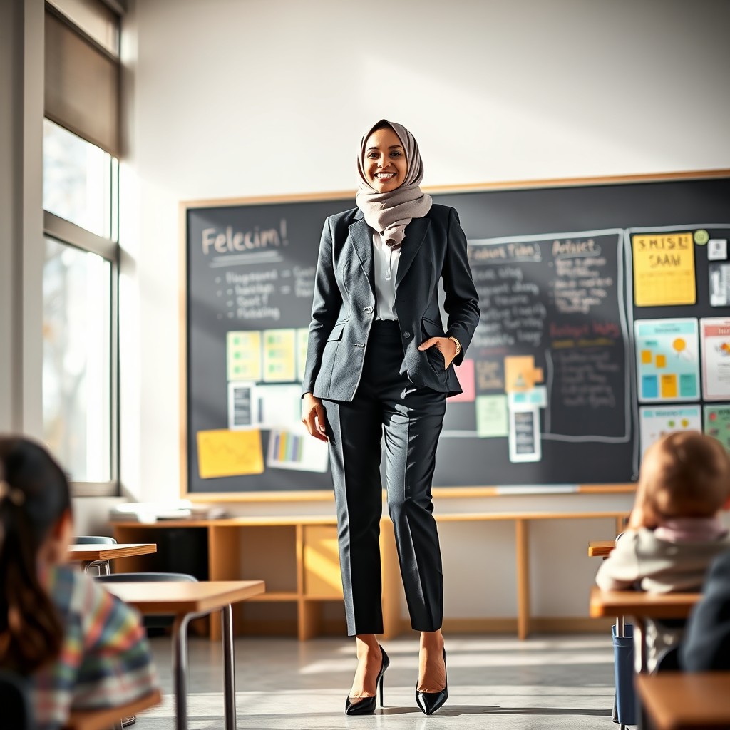 A confident female teacher wearing a stylish hijab and elegant high heels, standing in a modern classroom