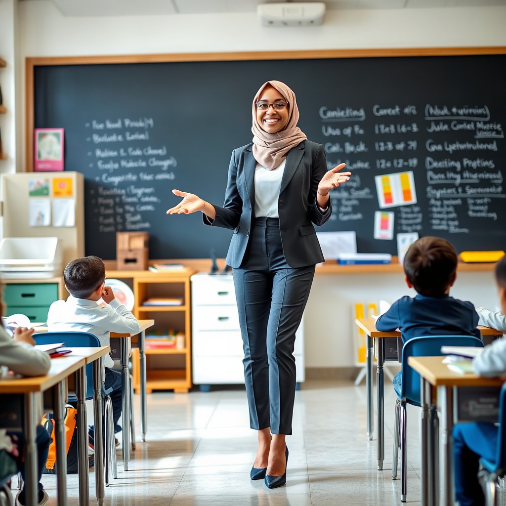 A confident female teacher wearing a stylish hijab and fashionable high heels, standing in a modern classroom filled with books and educational materials