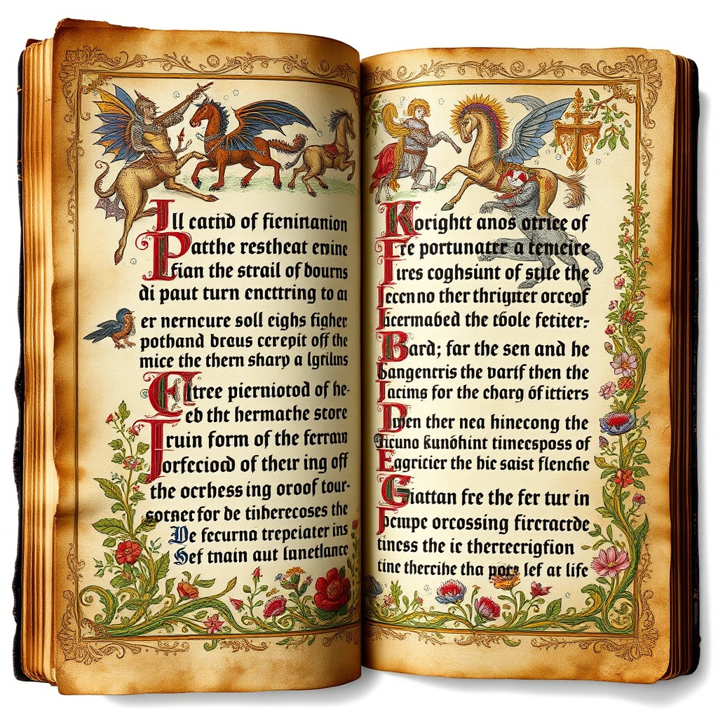 An intricately designed medieval manuscript displaying vibrant illustrations and ornate calligraphy, featuring illuminated letters and intricate border designs
