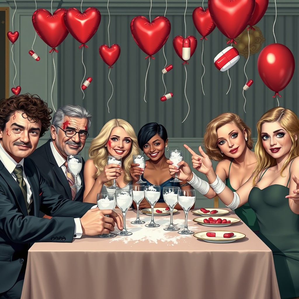A scene depicting 6 people, 3 men and 3 women, seated at a large table for a celebration