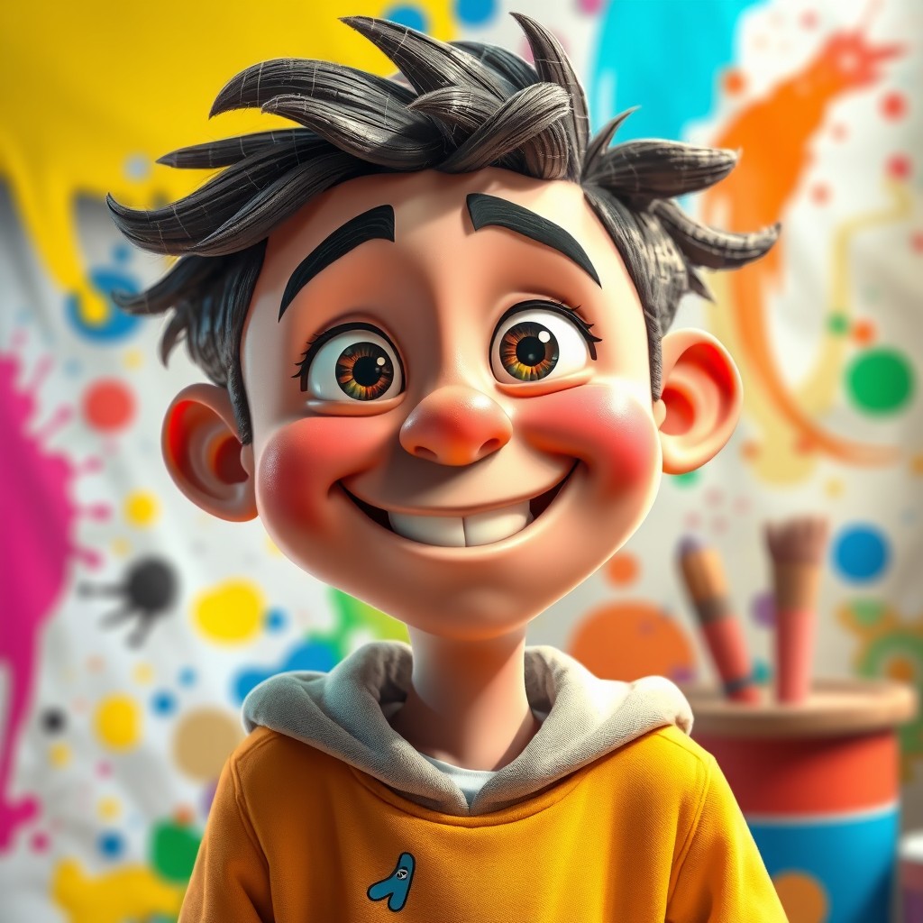 A vibrant and whimsical Pixar-style portrait of a creative spirit, characterized by a joyful and imaginative expression