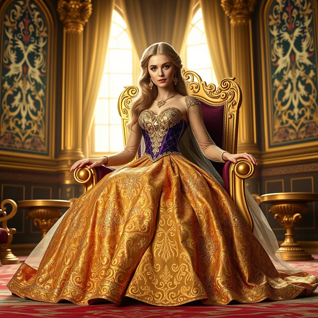 Princess Zelda, styled like a regal queen, wearing a magnificent gown that sparkles in shades of gold, purple, and green