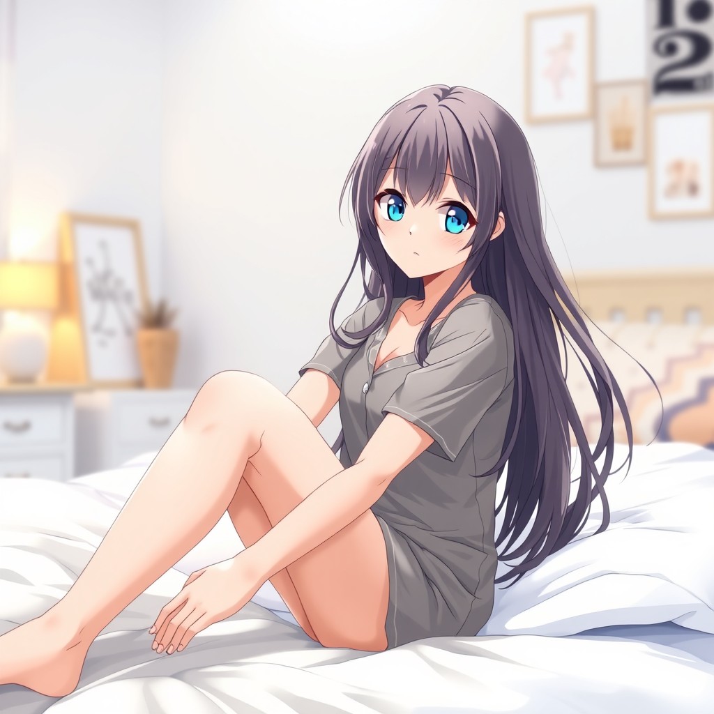 A beautiful anime college girl with long, flowing hair and vibrant blue eyes, sitting casually on a bed