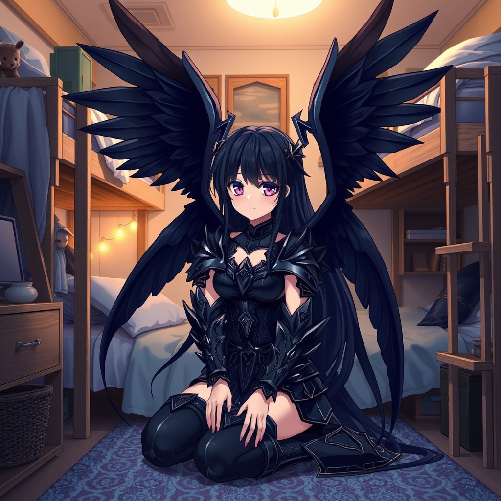 A beautiful anime dark angel inside a stylish dorm room