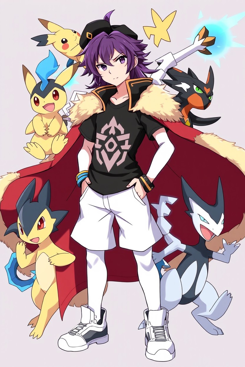 A teenage Pokémon Trainer named Satoshi Aqualis II, heir of the Lancelot lineage, with long purple hair reminiscent of Raihan, intense eyes and a determined gaze
