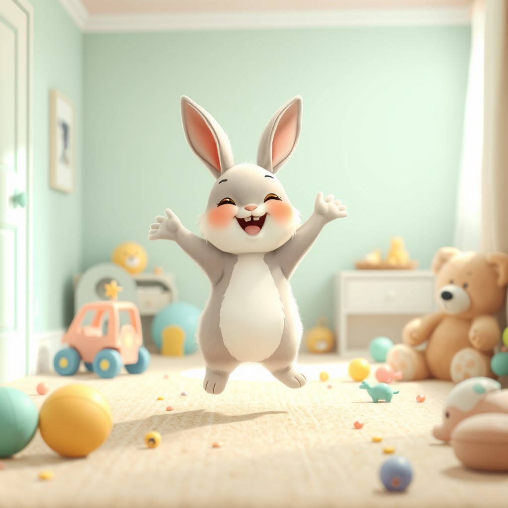 A cheerful little bunny named Dudu, joyfully playing in a cozy, well-lit room filled with scattered toys including a soft ball, a toy car, and a cuddly teddy bear
