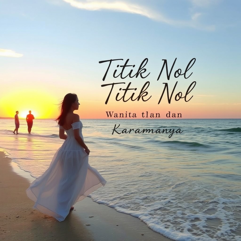 A beautiful beach during sunset as the background, featuring a woman in a flowing white dress standing gracefully