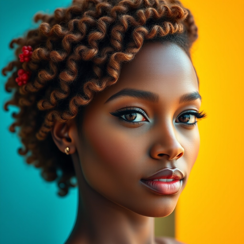 A portrait of an attractive young adult Black woman with dark skin and defined coily hair in a light brown shade