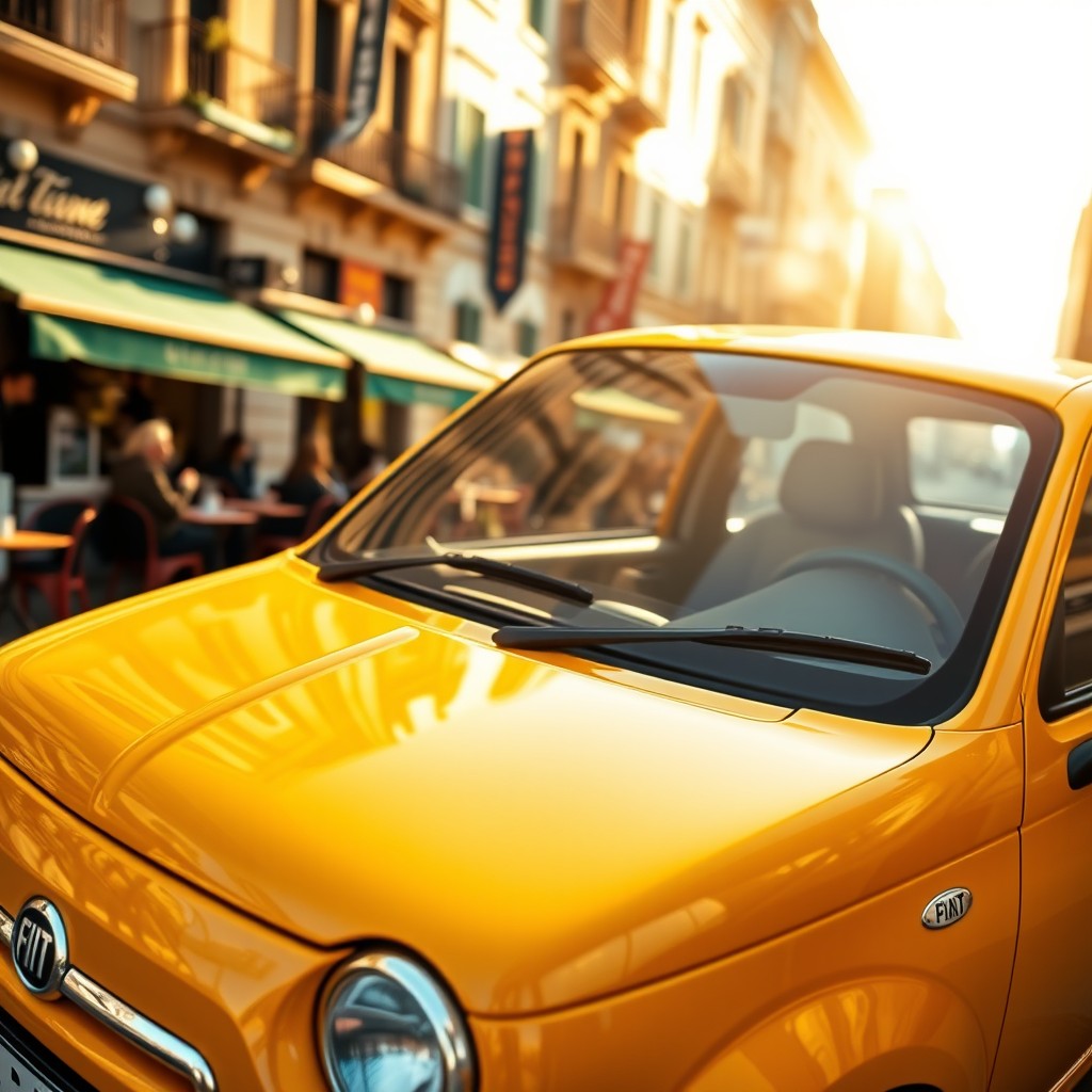 A striking Fiat Uno in a vibrant color, parked on a lively city street