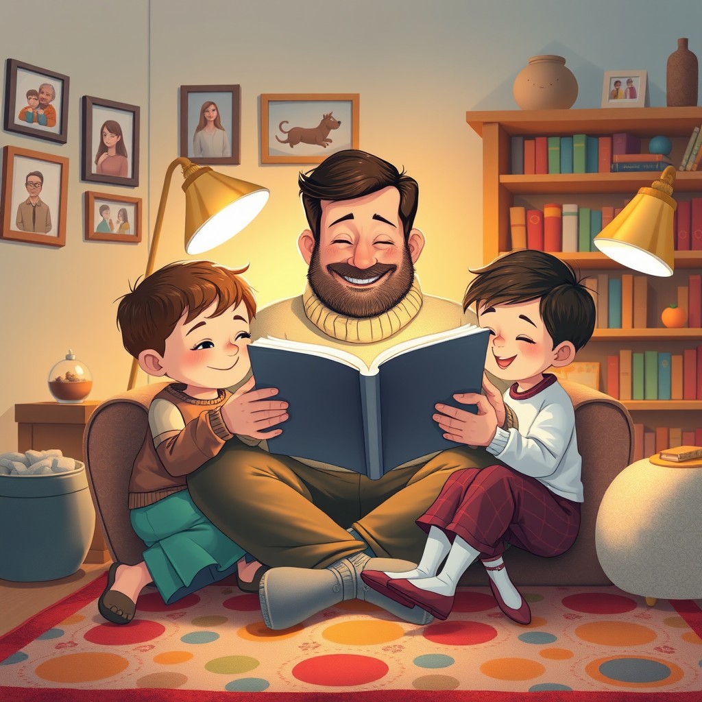 A whimsical illustration of a warm and loving father figure, sitting in a cozy living room