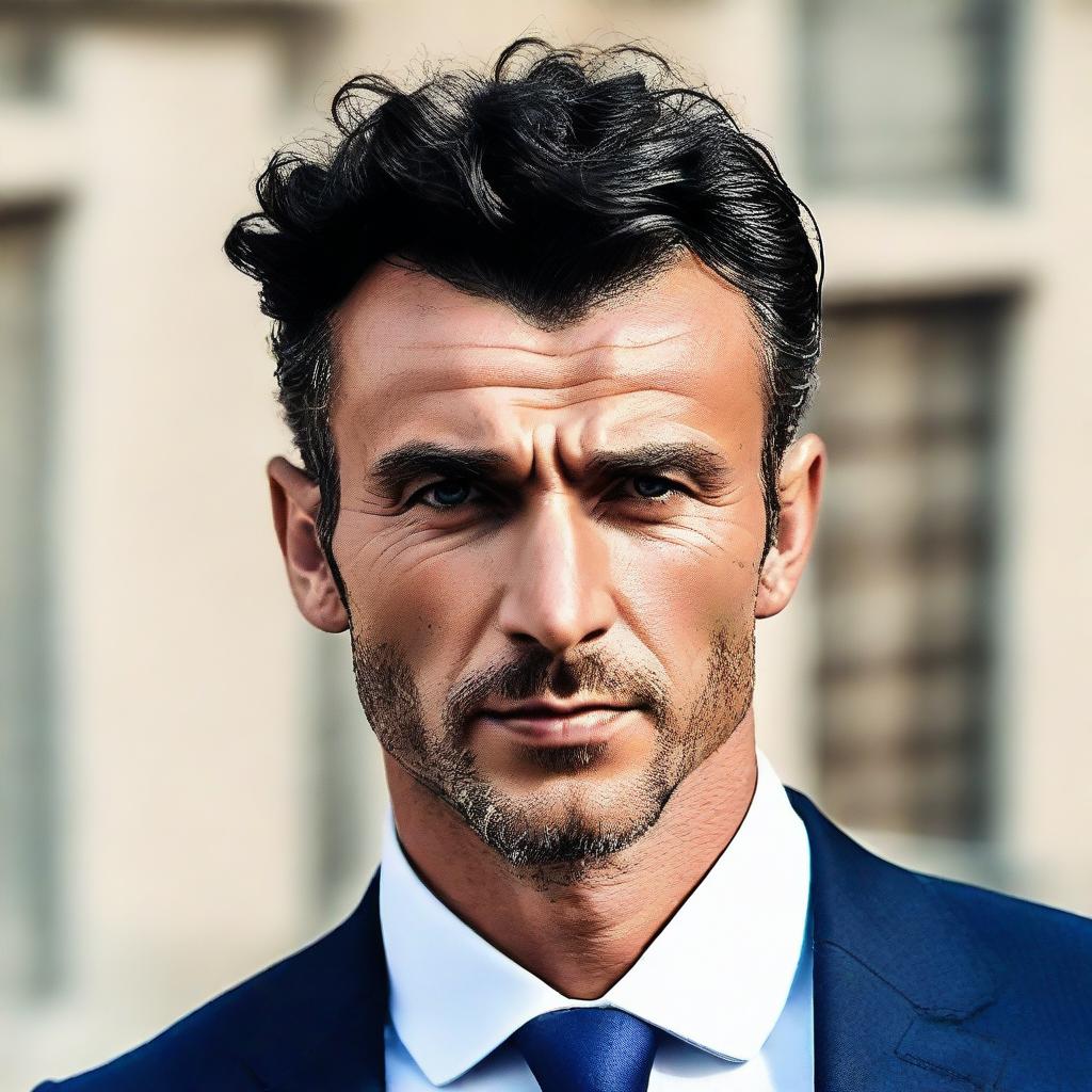 A tall and muscular Turkish man with dark blue eyes, white skin, and slightly curlier short black hair. His less defined jawline and stylish suit complement his look.