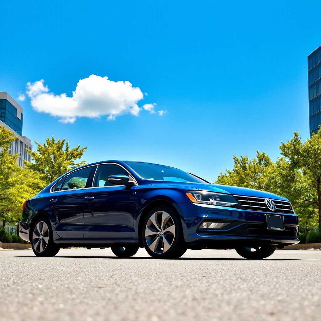 A sleek and stylish Volkswagen Jetta parked on a sun-drenched street, with vibrant trees lining the road