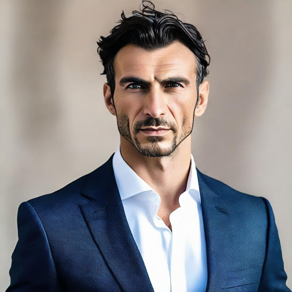 A tall and muscular Turkish man with dark blue eyes, white skin, and slightly curlier short black hair. His less defined jawline and stylish suit complement his look.