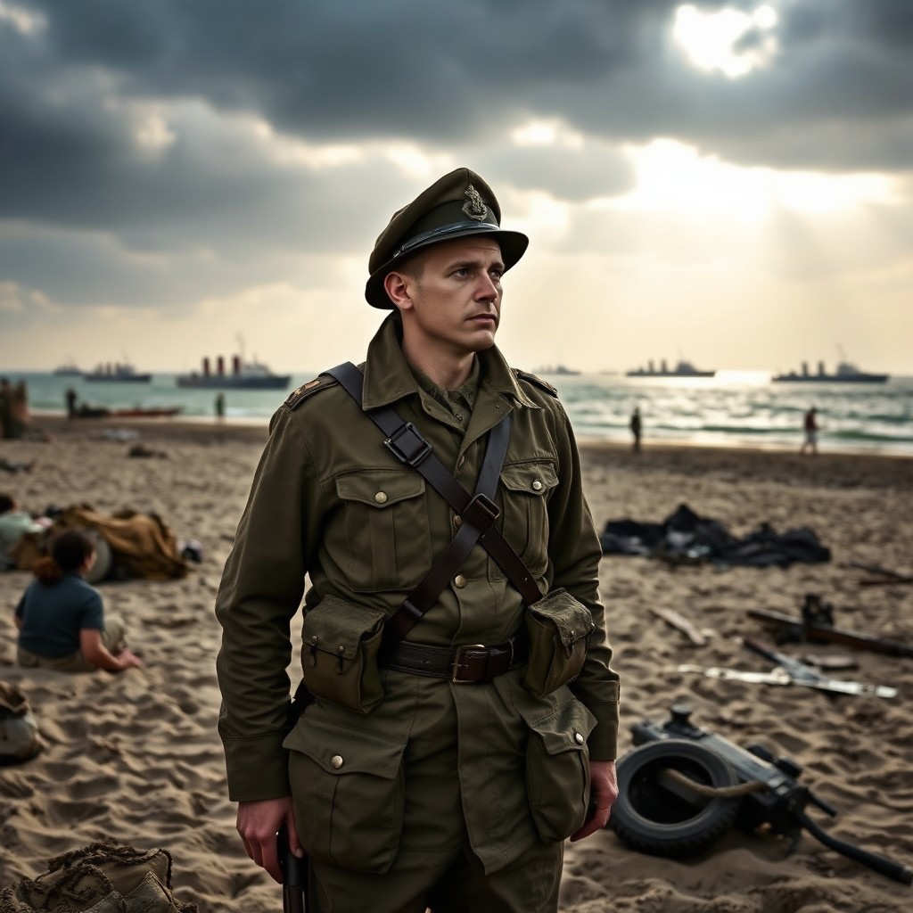 A soldier clad in 1940s British army uniforms standing on the beach of Dunkirk during the evacuation in World War II