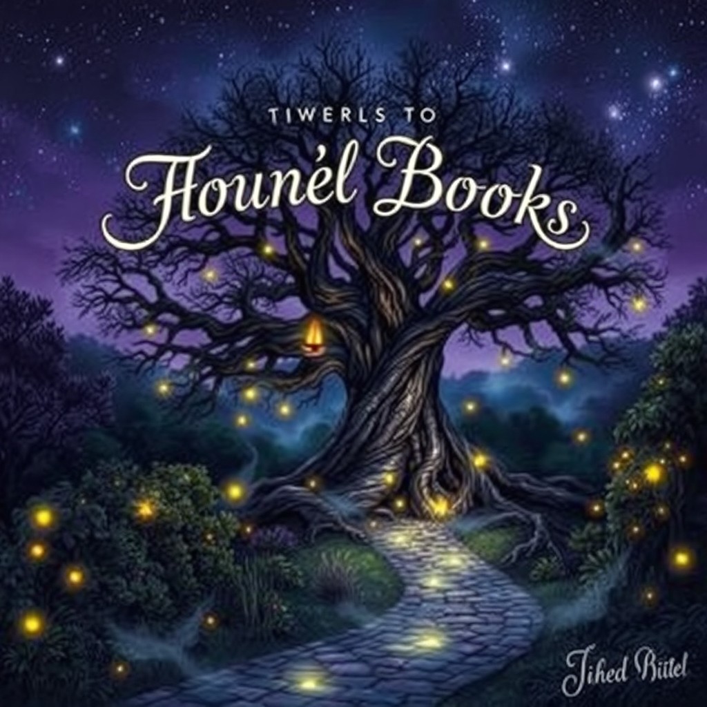 A captivating and mysterious book cover design featuring an enchanted forest at twilight, illuminated by glowing fireflies
