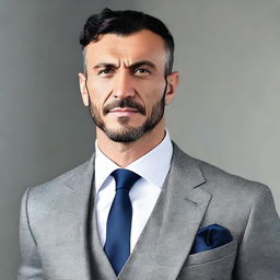 A tall and muscular Turkish man with dark blue eyes, white skin, and slightly curlier short black hair. His less defined jawline and stylish suit complement his look.