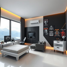 A modern minimalist bedroom designed for a man in his 20s, spacious layout (3x4 meters), featuring a single bed beside a large window showcasing a scenic mountain view, creating a bright atmosphere