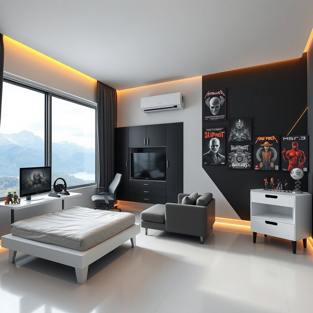 A modern minimalist bedroom designed for a man in his 20s, spacious layout (3x4 meters), featuring a single bed beside a large window showcasing a scenic mountain view, creating a bright atmosphere