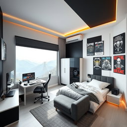 A modern minimalist bedroom designed for a man in his 20s, spacious layout (3x4 meters), featuring a single bed beside a large window showcasing a scenic mountain view, creating a bright atmosphere