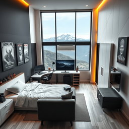 A modern minimalist bedroom designed for a man in his 20s, spacious layout (3x4 meters), featuring a single bed beside a large window showcasing a scenic mountain view, creating a bright atmosphere