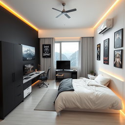 A modern minimalist bedroom designed for a man in his 20s, spacious layout (3x4 meters), featuring a single bed beside a large window showcasing a scenic mountain view, creating a bright atmosphere