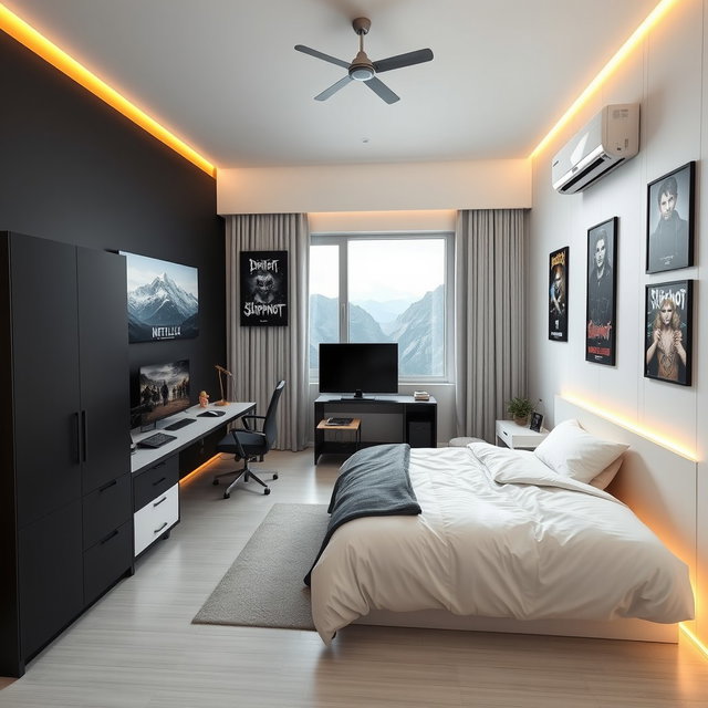 A modern minimalist bedroom designed for a man in his 20s, spacious layout (3x4 meters), featuring a single bed beside a large window showcasing a scenic mountain view, creating a bright atmosphere
