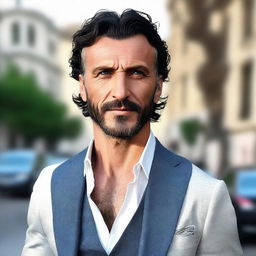 A tall and muscular Turkish man with dark blue eyes, white skin, and slightly curlier short black hair. His less defined jawline and stylish suit complement his look.