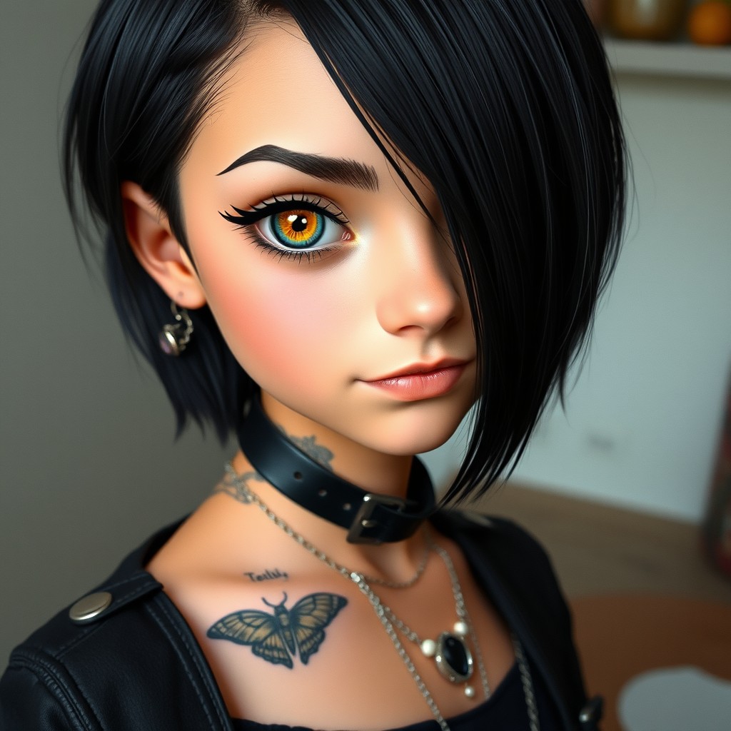 A young Romani girl with short black hair, showcasing her unique heterochromia eyes, one eye an iridescent blue and the other an amber yellow with slits