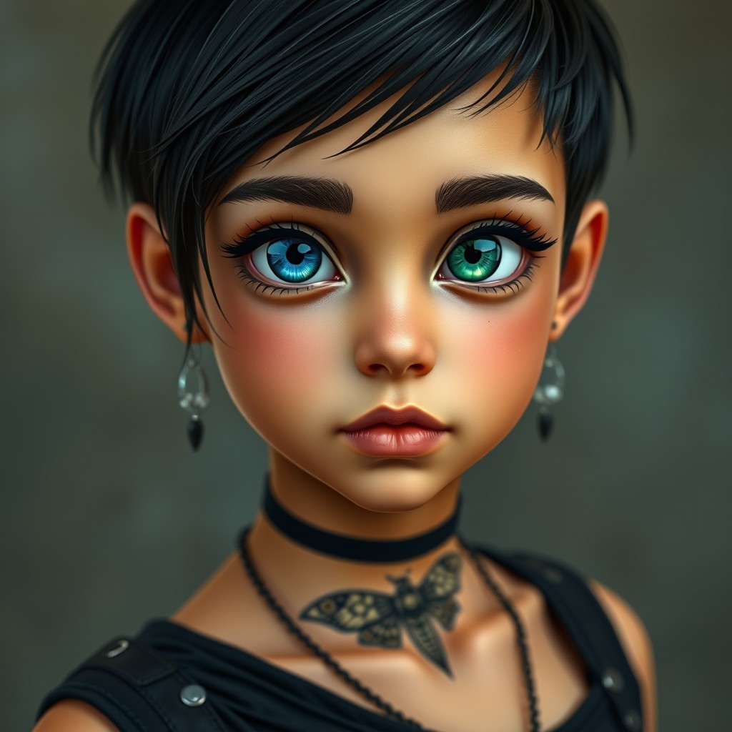 A young Romani girl with short black hair, featuring unique heterochromia eyes with slits – her left eye is iridescent blue while the right eye is emerald green