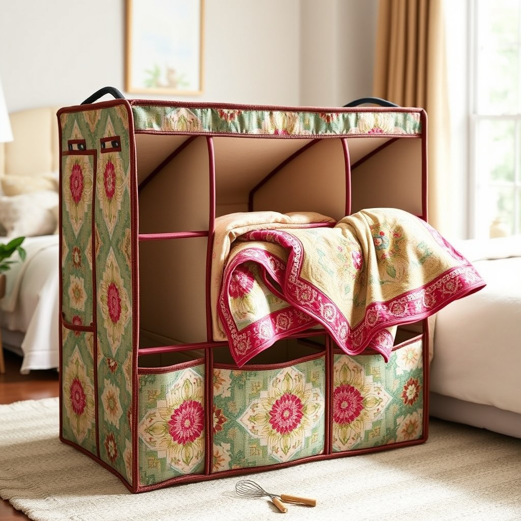 A beautifully designed quilt organizer, showcasing a stylish and functional solution for storing bedding