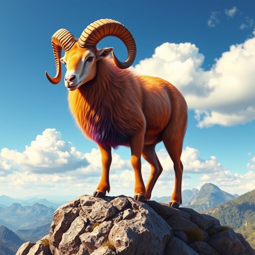 A stunningly beautiful, colorful and realistic depiction of a majestic ram standing proudly on a rocky mountaintop