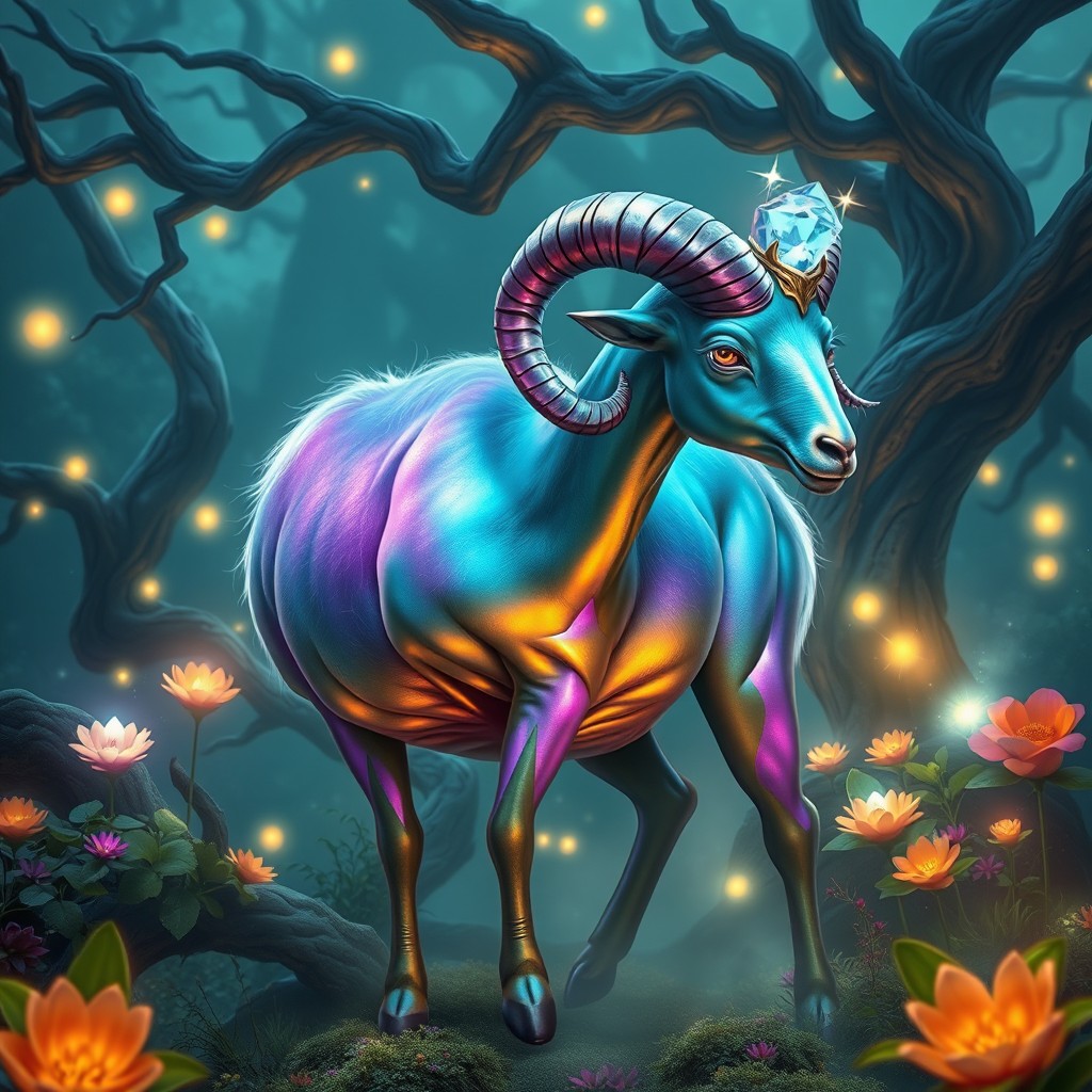 A breathtakingly beautiful and colorful mystical ram standing in an enchanting forest filled with glowing plants and ethereal lights
