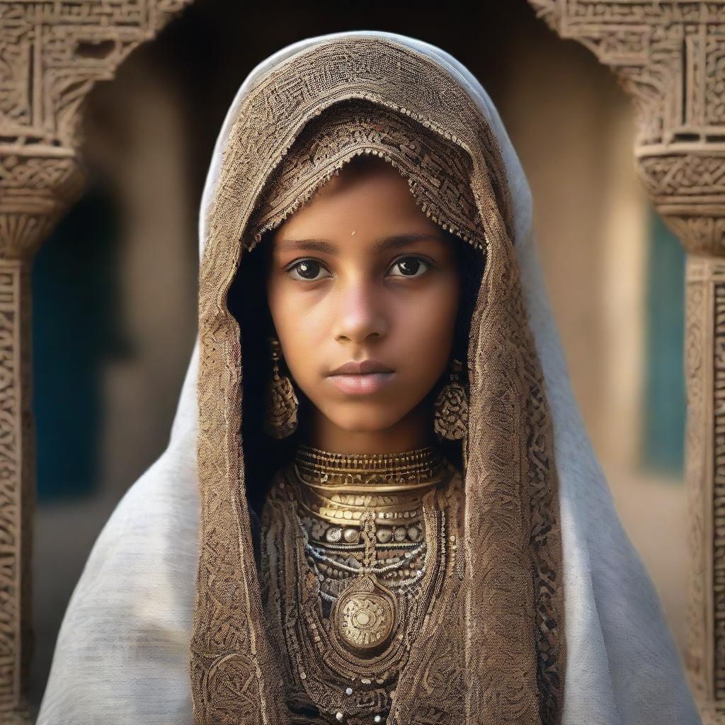 A portrait of a veiled girl from Yemen, dressed in traditional attire with intricate details, set against a background of her cultural environment.