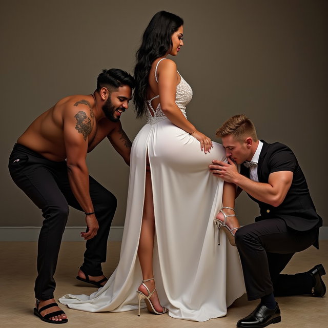 In a playful and provocative scene, a light-skinned Mexican woman with wide hips, a curvy physique, and thick legs is depicted engaging in Greco-Roman wrestling