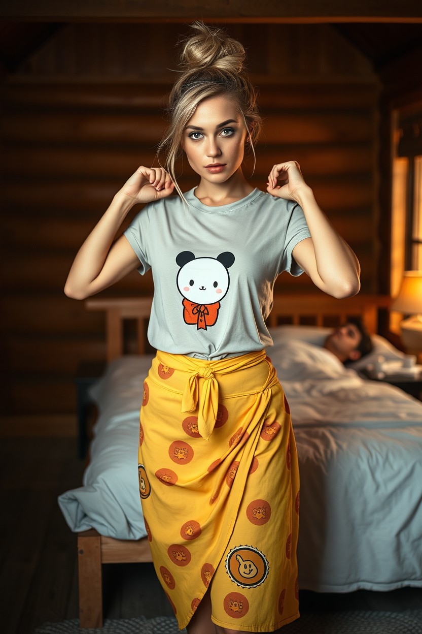 A stunning 30-year-old woman with a blonde messy bun stands at the end of a wooden bed in a cozy, simple wooden house